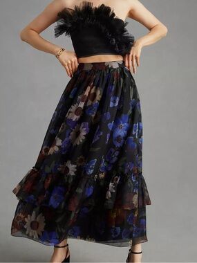 Anthropologie Geisha Designs Ruffled Floral Midi Skirt Size XS